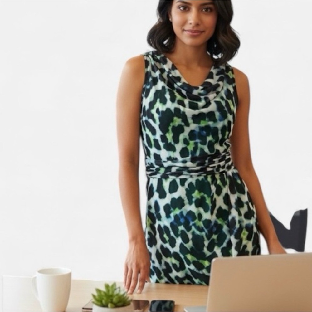 Marc New York Andrew Marc Green Animal Print Cowl Neck Ruched Sheath Dress Sz 2